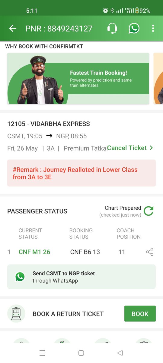 nick2086's tweet photo. Inspite of booking Premium Tatlkal ticket in 3A class, my ticket is downgraded to lower class 3E. Also I have not received any refund of the difference amount. @indianrailway__ @PMOIndia @AshwiniVaishnaw @RailMinIndia @IRCTCofficial @Central_Railway https://t.co/C4exMFcCTc
