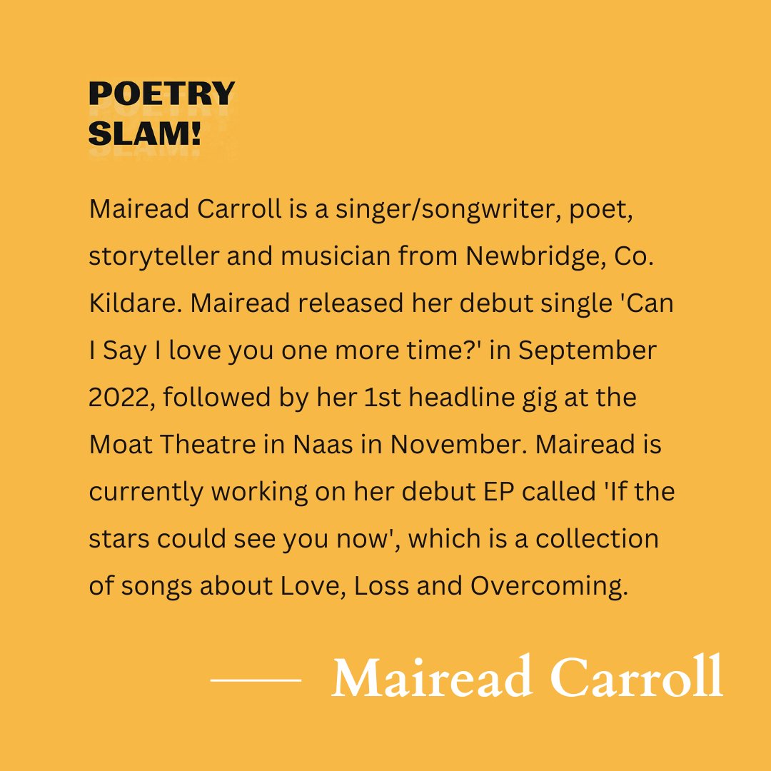 Only a few days left until our Malahide Poetry Slam 🌟

We're thrilled to welcome Mairead Carroll back as our featured musician for the evening! There are only one or two online tickets left, so if you haven't booked yours yet - make sure you do! 

eventbrite.ie/e/fingal-poetr…