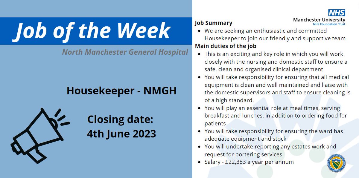 VACANCY: Housekeeper - North Manchester General Hospital. Come and join #teamNMGH family and help shape a very bright future.
beta.jobs.nhs.uk/candidate/joba…