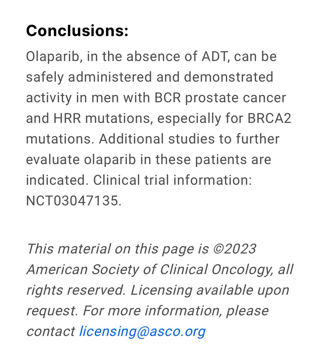 Abstr 5087: First study to evaluate PARP inhibition (without ADT) in biochemically-recurrent prostate cancer. 44% response rate in HRR-mutated pts (100% response in BRCA2 pts). ADT is not needed for PARPi efficacy in PCa! Congrats to @CathyHandy meetings.asco.org/abstracts-pres…