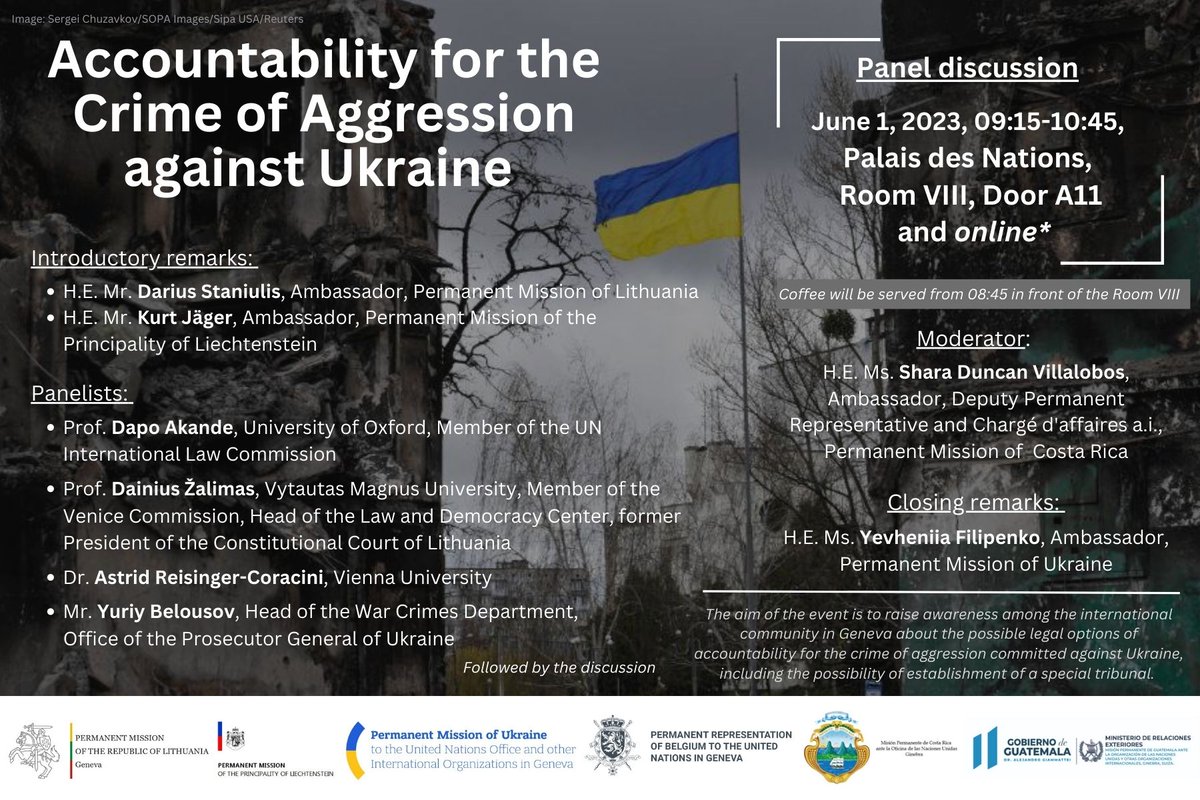 📢 Join us for an important discussion on   
#Accountability for the #CrimeOfAggression against #Ukraine 🇺🇦, organized by 🇱🇹🇱🇮🇧🇪🇨🇷🇬🇹🇺🇦.

🗓️ 1 June at 09:15-10:45 CEST  
📍 Room VIII (Door A11), Palais des Nations, Geneva or online 👉 bit.ly/3MA9jnC