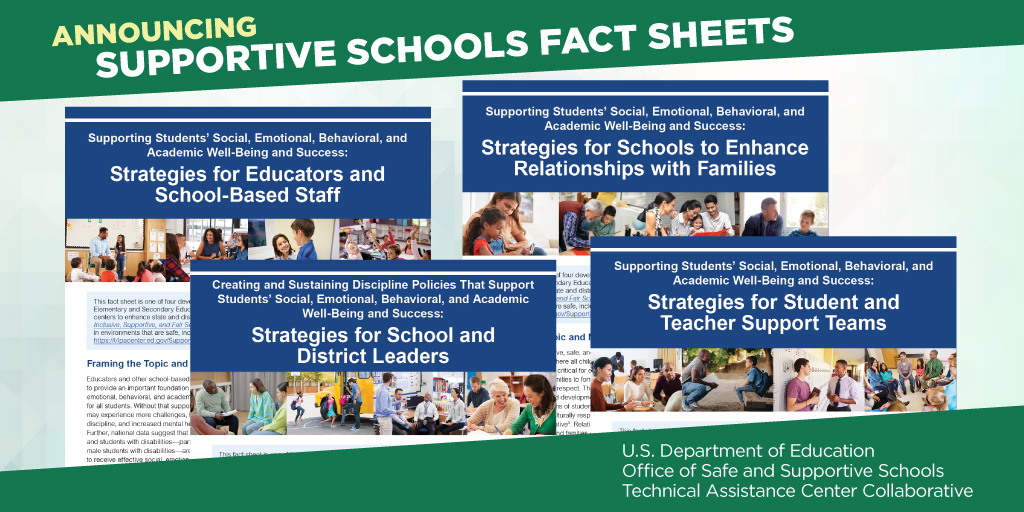 remstacenter's tweet photo. We are pleased to share 4 #SupportiveSchoolsFactSheets with strategies and resources to help #schools support and respond to #students’ social, emotional, behavioral, and academic needs, and reduce the need for exclusionary discipline. 

Learn more: https://t.co/NcaqPsUPlh https://t.co/Z9aYzxOq24