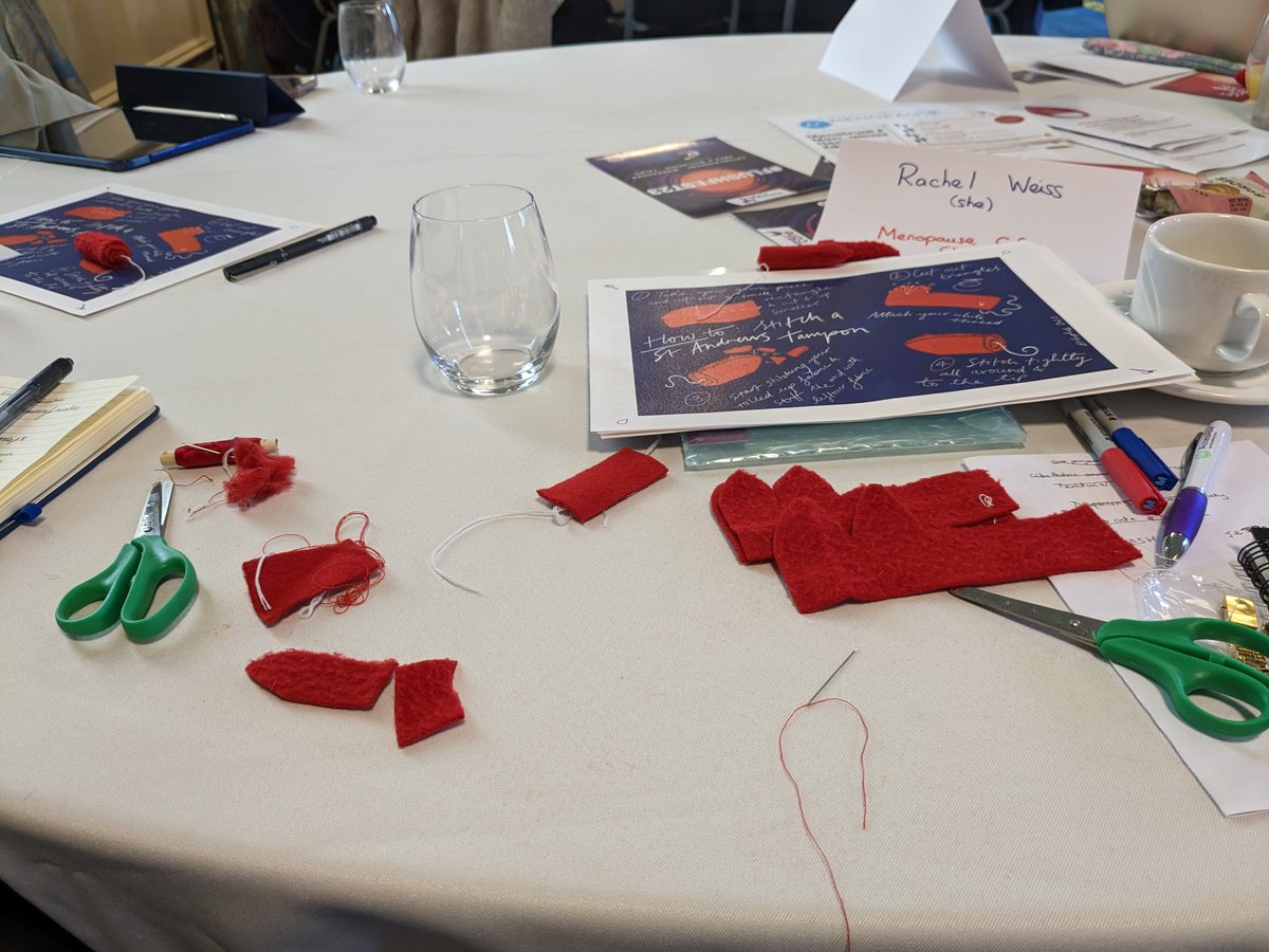 Art history of tampons from @BeeHughes_ and an account of their project ' Blood Lines: exploring the history of menstruation at @univofstandrews', making red gown tampon sculptures. We stitched while listening. #RedGown #Tampon #MRN2023