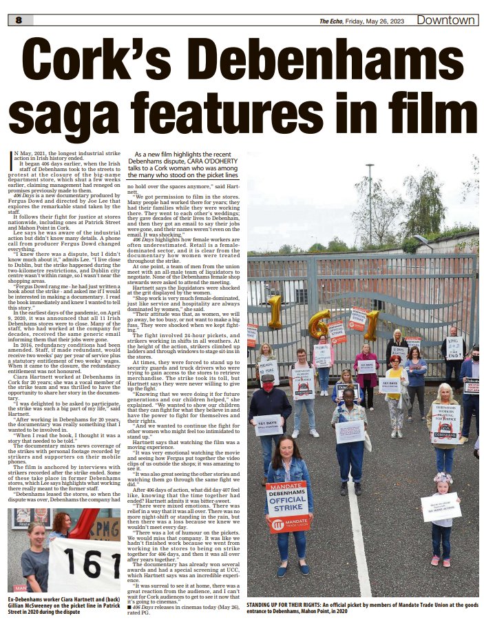 Cara O'Doherty (@caraodoherty8) on Twitter photo Read my interview with <a href="/406_Days/">Debenhams Workers 406 Days Documentary</a> director Joe Lee and #Cork striker Ciara Harnett. Joe has captured this amazing fight for worker's rights and the legendary women who refused to back down. The interview is in today's <a href="/echolivecork/">EchoLive.ie</a> <a href="/Eclipse_Picture/">Eclipse Pictures</a> Read my interview with <a href="/406_Days/">Debenhams Workers 406 Days Documentary</a> director Joe Lee and #Cork striker Ciara Harnett. Joe has captured this amazing fight for worker's rights and the legendary women who refused to back down. The interview is in today's <a href="/echolivecork/">EchoLive.ie</a> <a href="/Eclipse_Picture/">Eclipse Pictures</a>