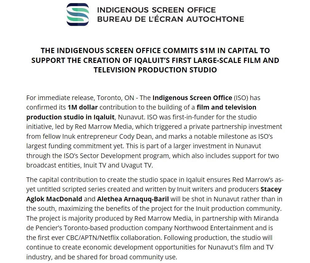 HertzBarry's tweet image. Cool news: @screen_office confirms $1M contribution to building of film and TV production studio in Iqaluit. Studio space ensures Stacey Aglok MacDonald and Alethea Arnaquq-Baril upcoming Netflix series will be shot in Nunavut instead of the south.