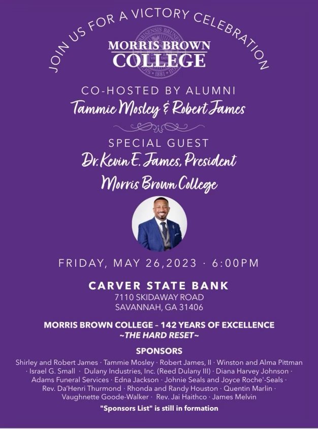 All MBC alumni in the Savannah area! Come out tonight as we celebrate and raise money for the College! Thank you to our hosts Tammie Mosley and Robert James! #TheHardReset #MorrisBrownCollege