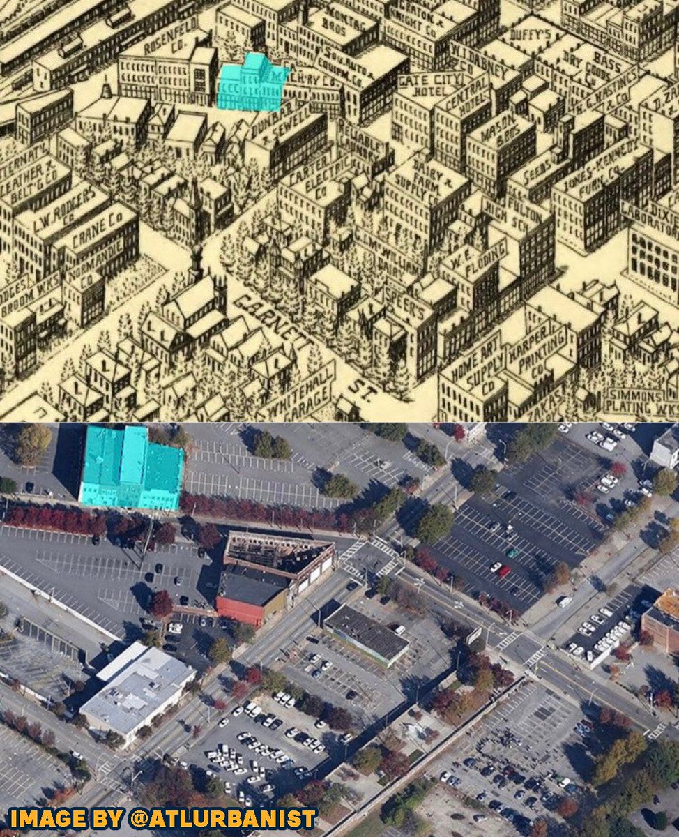 StrongTowns's tweet image. The top image is from a 1919 map of downtown Atlanta  and the bottom is a photo of the same area from 2014.

Only one 3-building cluster of this entire multi-block area remains today. Most of the productive architecture has been replaced by wealth-sucking parking lots.