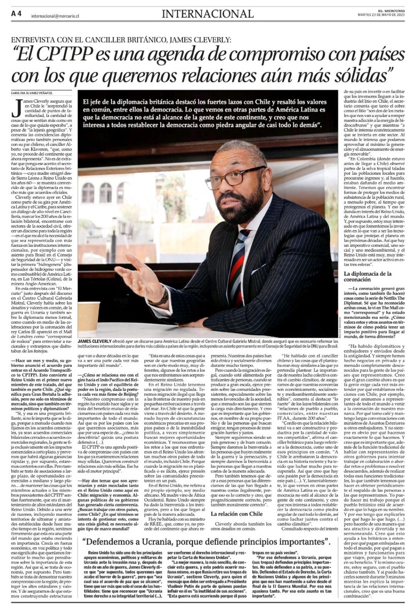 UK in Chile 🇬🇧🇨🇱 (@ukinchile) on Twitter photo "Nos interesa a todos restablecer la democracia como piedra angular de casi todo lo demás, así como luchar juntos contra el cambio climático"
El Canciller 🇬🇧 <a href="/JamesCleverly/">James Cleverly🇬🇧</a> conversó con <a href="/ElMercurio_cl/">elmercurio_cl</a> en su reciente visita a 🇨🇱.
Lee más ⬇️
digital.elmercurio.com/2023/05/23/A/L… "Nos interesa a todos restablecer la democracia como piedra angular de casi todo lo demás, así como luchar juntos contra el cambio climático"
El Canciller 🇬🇧 <a href="/JamesCleverly/">James Cleverly🇬🇧</a> conversó con <a href="/ElMercurio_cl/">elmercurio_cl</a> en su reciente visita a 🇨🇱.
Lee más ⬇️
digital.elmercurio.com/2023/05/23/A/L…