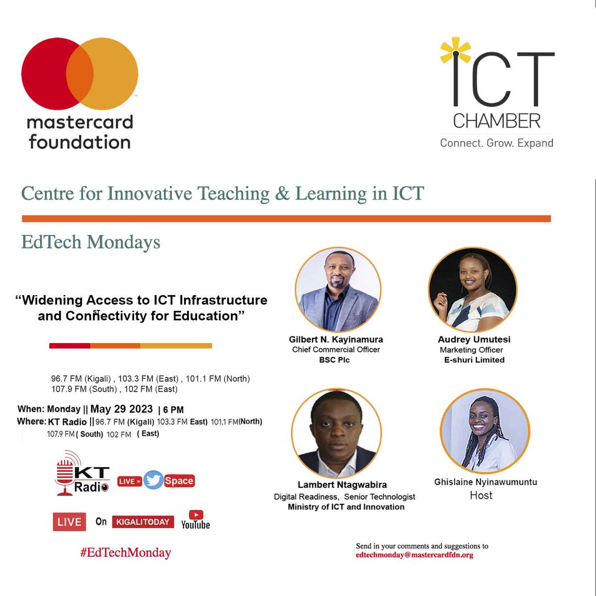 rwictchamber's tweet image. The #EdTechMonday talk show is back this month with focus on ICT infrastructure and Connectivity in Education.

Follow the show on Monday, 29th May on @ktradiorw and Live 🔴 on @kigalitoday Youtube channel from 6pm-7pm.