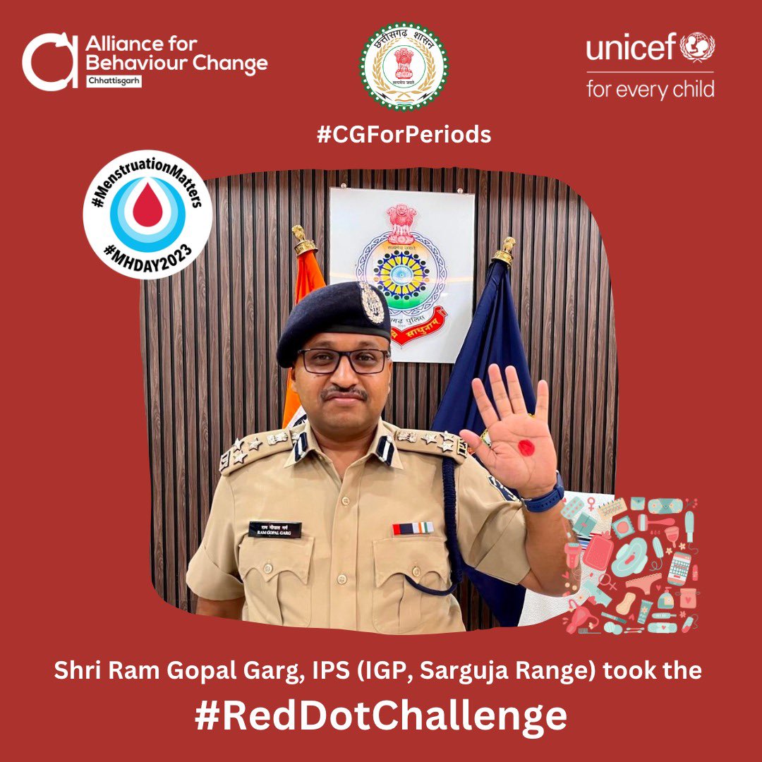 IGP Sarguja takes up #RedDotChallenge  
Have you?
#MHDay2023 #CGForPeriods 
#Unicef
@rggarg @ChhattisgarhABC @abhisheksinghDP @jobzachariah @UNICEFIndia