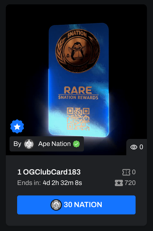 Ape_NationNFT's tweet photo. $NATION #TOKEN #GIVEAWAY
@Ape_NationNFT OG Club Card RARE
300 $NATON Tokens / Buy 10 Raffle Tickets!
https://t.co/iB21A9WyyY
72 Hrs
1β£. Follow @Ape_NationNFT & @WeAreApeNation
2β£.β€οΈ, RT & Tag @Ape_NationNFT+ 3π§βπ€βπ§
#OGCC #RARE #RAFFLE #WEAREAPENATION https://t.co/jf4QNHhlMO