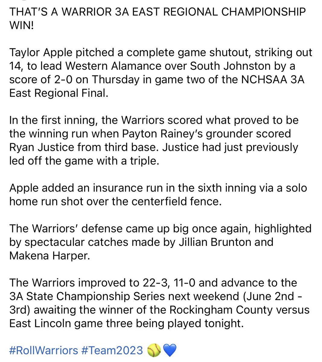 THAT’S A WARRIOR 3A EAST REGIONAL CHAMPIONSHIP WIN!