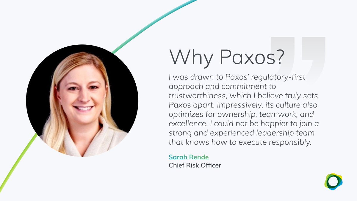 Paxos's tweet photo. Welcome Sarah Rende as our newest Chief Risk Officer! Coming to us with years of experience in the risk management space, Sarah will guide Paxos in redefining financial infrastructure.

Help us in welcoming Sarah to #LifeAtPaxos!

Join us: https://t.co/0PsKSKYnPb https://t.co/6qaOp24tEt