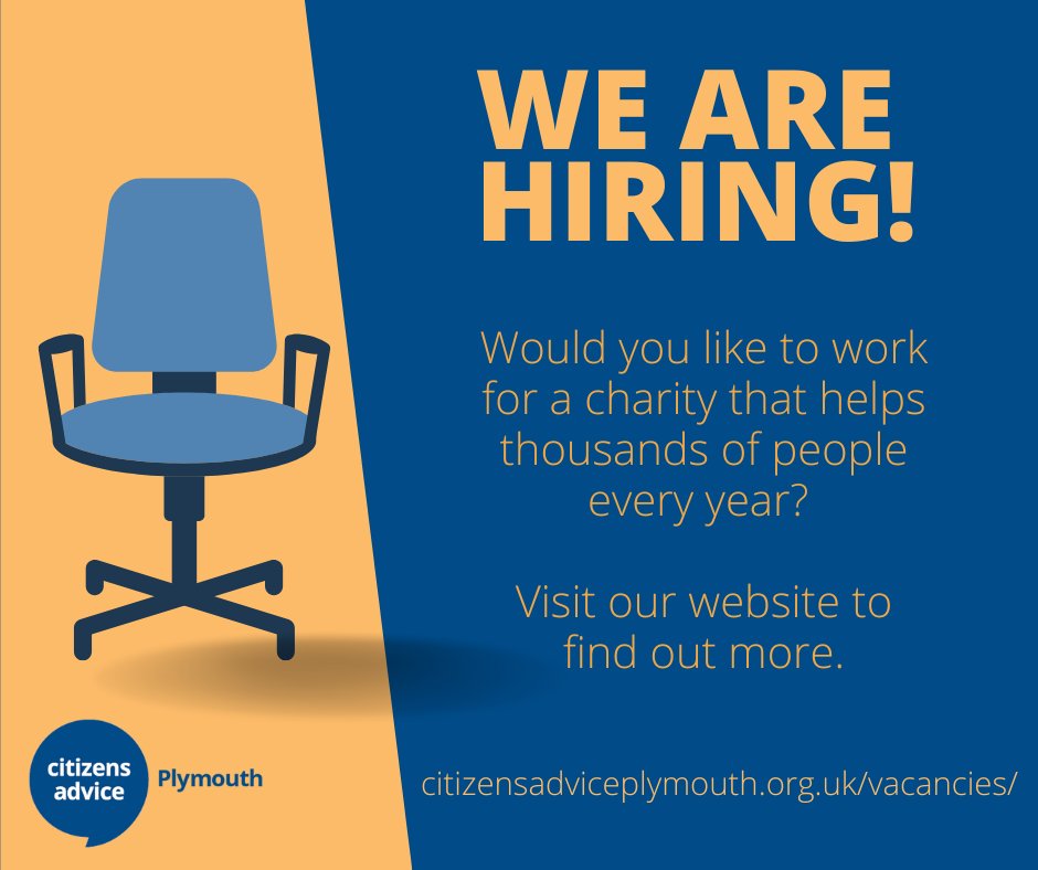 There's still time to apply!
<a href="/PlymouthCAB/">Citizens Advice Plymouth</a> are looking for people to join our friendly, inclusive team as we expand our local services to help more people in #Plymouth

We have roles in #management, #PartnershipEngagement, #HR &amp; more

More info citizensadviceplymouth.org.uk/vacancies/
#CharityJobs