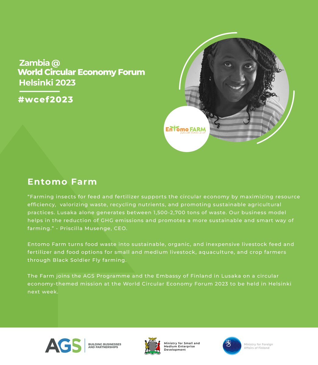 Accelerated Growth for SMEs in Zambia (AGS) (@agszambia) on Twitter photo Do u know what a circular economy is?
The Min. of SME Development & <a href="/FinlandinZambia/">Finland in Zambia</a> through AGS has been supporting pioneering businesses like Entomo Farm in Zambia to create a more sustainable future. Join us at the World Circular Economy Forum 2023 in Helsinki!
#wcef2023 Do u know what a circular economy is?
The Min. of SME Development & <a href="/FinlandinZambia/">Finland in Zambia</a> through AGS has been supporting pioneering businesses like Entomo Farm in Zambia to create a more sustainable future. Join us at the World Circular Economy Forum 2023 in Helsinki!
#wcef2023
