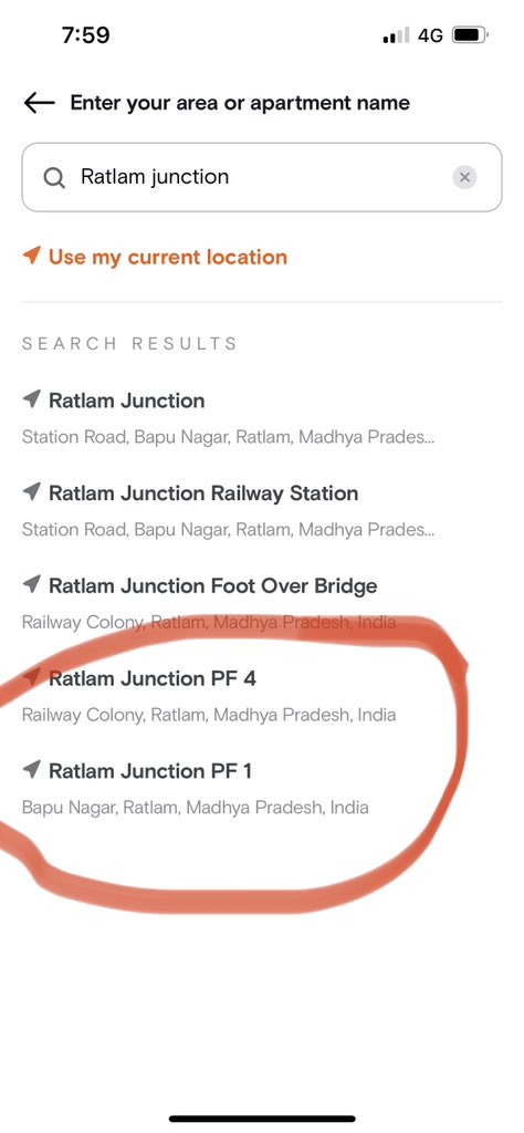 Vinnee07's tweet photo. I ordered food from train at ratlam junction platform number 1 . If Swiggy is not delivering on railway platform (specifically number 1) then why its app is suggesting to put order on platform-1. Secondly while placing the order when I mentioned platform 1. 
(1/2) 
@SwiggyCares https://t.co/pyykgd1eyq