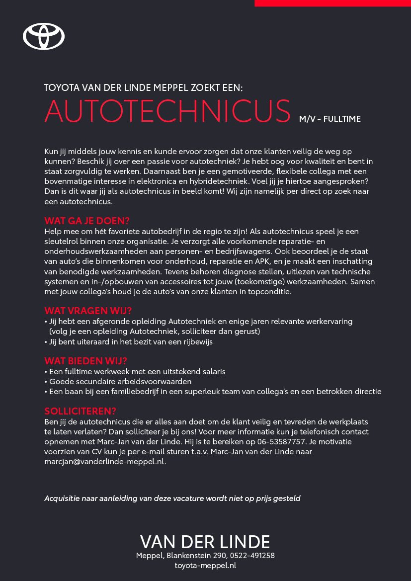 -Vacature-alert!-

Op zoek naar een nieuwe uitdaging als autotechnicus? Dan zijn wij op zoek naar jou. 
Ben of ken jij onze nieuwe collega, reageer dan snel!

-Delen van deze alert wordt gewaardeerd!-