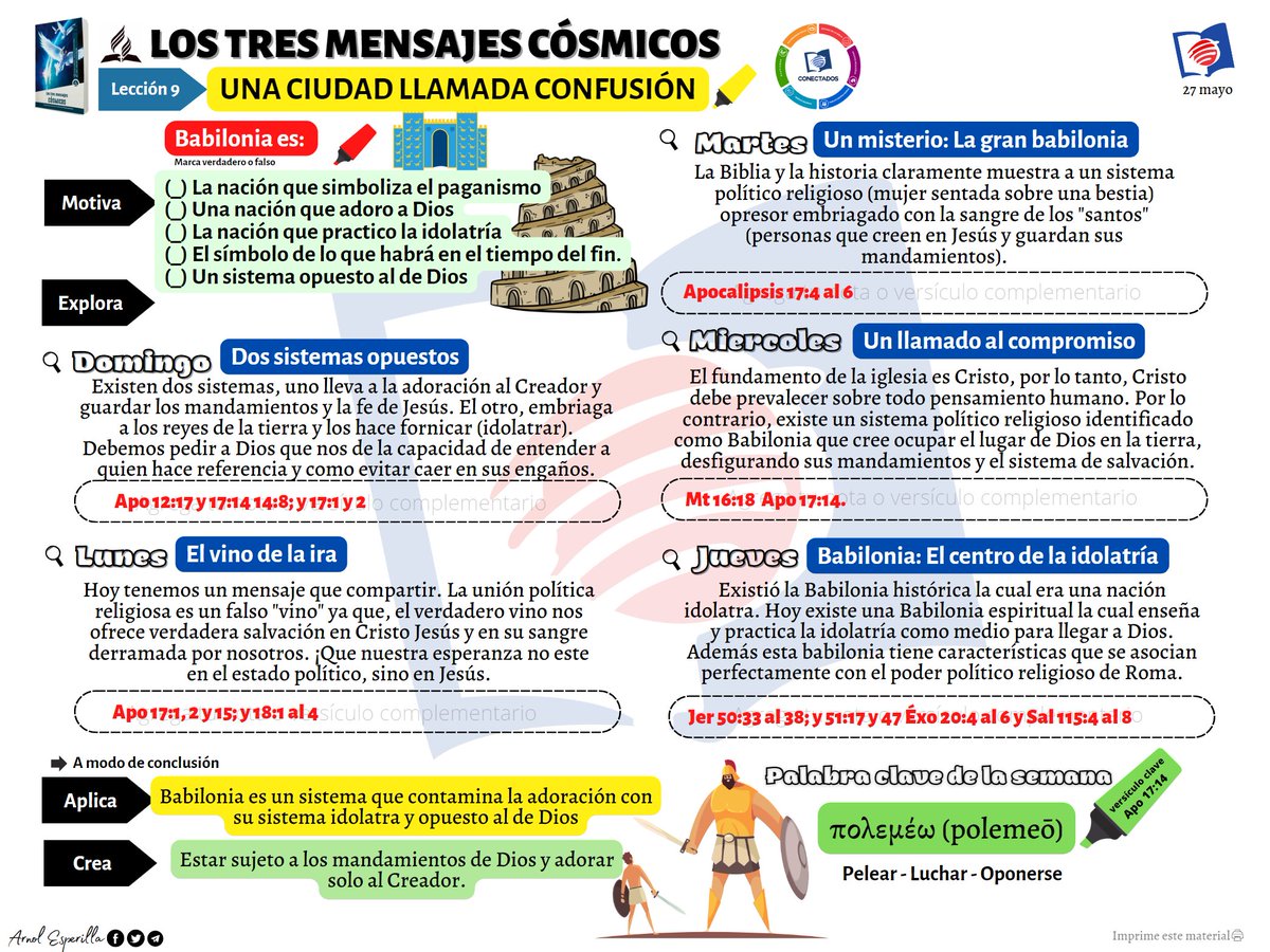 🔍LECCIÓN 9 📖
🔵🔴 Escuela Sabática🔴🔵 
✔️UNA CIUDAD LLAMADA CONFUSIÓN para el 27 de mayo.
Comparte con tu iglesia. 
🖨 Puedes imprimir este material y realizar apuntes en clase.
Telegram 👉🏼 t.me/+qqKD7dd18gplM…
¡No olvides enviar tus respuestas! 📝
#LESAdv