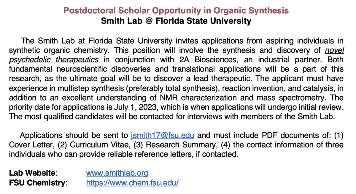 ChemPostdocBot (@chempostdocbot) on Twitter photo RT <a href="/AnotherSmithLab/">Joel Smith</a>: We are looking to hire a postdoctoral scholar #chempostdoc to endeavor in the total synthesis of psychedelic compounds and derivatives for fundamental and translational biomedical discovery. See ad below.
Lab website: … RT <a href="/AnotherSmithLab/">Joel Smith</a>: We are looking to hire a postdoctoral scholar #chempostdoc to endeavor in the total synthesis of psychedelic compounds and derivatives for fundamental and translational biomedical discovery. See ad below.
Lab website: …
