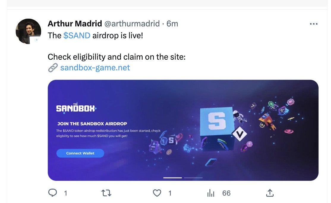 ⚠️ Our CEO &amp; Co-Founder Arthur Madrid's Twitter account has been hacked ⚠️

The hacker is posting a scam / phishing link for a fake airdrop of SAND tokens.

⛔️Do NOT click on the link and instead report the post so it is blocked. 

We're working on getting the site down and fix
