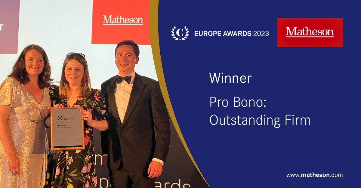 Matheson is delighted to have won the Pro Bono: Outstanding Firm award at the @ChambersGuides Europe Awards 2023. Read more here - matheson.com/news/detail/20… #MathesonLaw