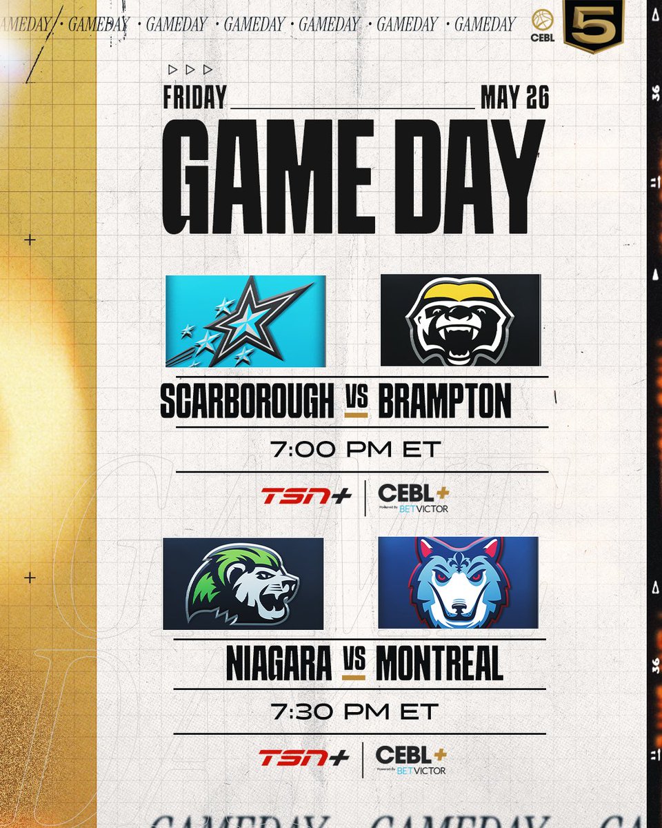 CEBL (@cebleague) on Twitter photo We’ve got our first doubleheader of the season 🏀🙌🙌
⏰ 7:00 pm ET
<a href="/HoneyBadgersCAN/">Brampton Honey Badgers</a> 🆚 <a href="/sss_cebl/">scarborough shooting stars</a>
⏰ 7:30pm ET
<a href="/mtl_alliance/">Alliance de Montréal</a> 🆚 <a href="/RiverLions/">Niagara River Lions</a>
📺 TSN+ and CEBL+ Powered by
<a href="/BetVictorCanada/">BetVictor Canada</a>
#LetsBall We’ve got our first doubleheader of the season 🏀🙌🙌
⏰ 7:00 pm ET
<a href="/HoneyBadgersCAN/">Brampton Honey Badgers</a> 🆚 <a href="/sss_cebl/">scarborough shooting stars</a>
⏰ 7:30pm ET
<a href="/mtl_alliance/">Alliance de Montréal</a> 🆚 <a href="/RiverLions/">Niagara River Lions</a>
📺 TSN+ and CEBL+ Powered by
<a href="/BetVictorCanada/">BetVictor Canada</a>
#LetsBall