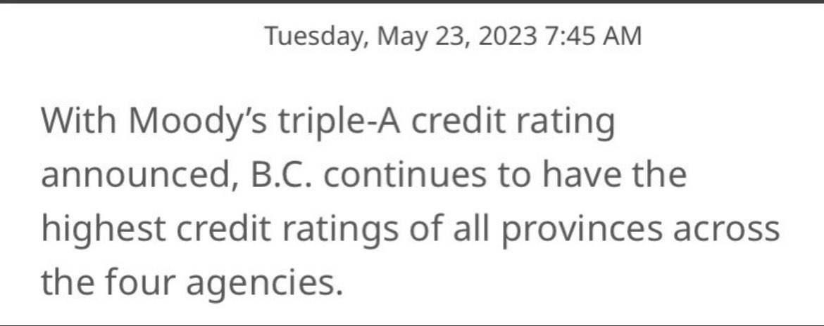 The NDP has been in power for six years now in BC. Can any conservatives explain why it has a better credit rating than provinces run by Doug Ford, Scott Moe, and Danielle Smith?