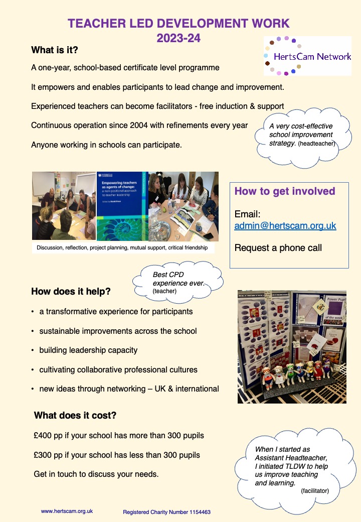 HertsCam is currently inviting schools and teachers to enquire about adopting the TLDW programme for 2023-24. The flyer – in the photo - can be downloaded from the website: hertscam.org.uk.