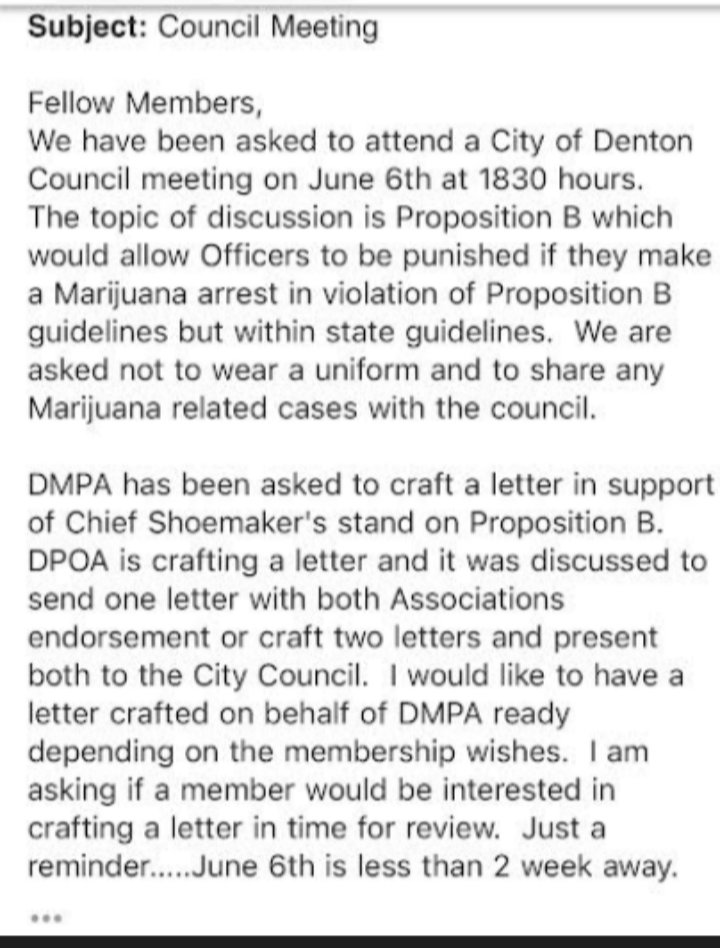 DecrimDenton's tweet photo. 🤬We received these emails from a whistleblower in DPD, confirming the rumors that Chief @DShoemakerDPD is trying to influence a Council vote &amp; override your democracy by spreading misinfo about Prop B &amp; encouraging cops to attend the 6/6 Council mtg out of uniform to protest it. https://t.co/XVHL3shWhg
