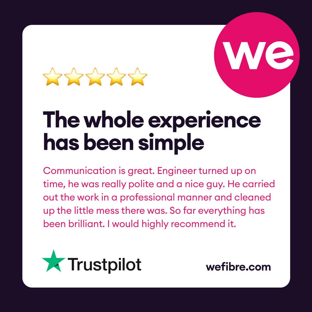 #feedbackfriday 🌟🌟🌟🌟🌟Worried about the install process? Don't just take our word for it when we say it's simple, our customers say it too. 😃 Visit wefibre.com today to get signed up. #feelgoodfriday #wefibre #gigabit #fullfibre #fullfibrebroadband
