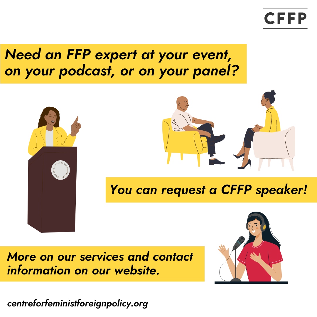 Looking for an expert in #FeministForeignPolicy for your event, podcast, or panel?

You can request a CFFP speaker!

Find more information and our contact details on our website.
#IntersectionalFeminism

l8r.it/xAwd