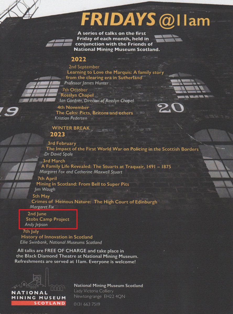 A week today I'll be heading to the Black Diamond Theatre at the <a href="/NatMiningMuseum/">NationalMiningMuseum</a> in #Newtongrange to talk about how Stobs internees kept themselves motivated during the First World War. Come along &amp; join us for this FREE talk! Everyone welcome! Friday 2 June at 11am 👇 #WW1