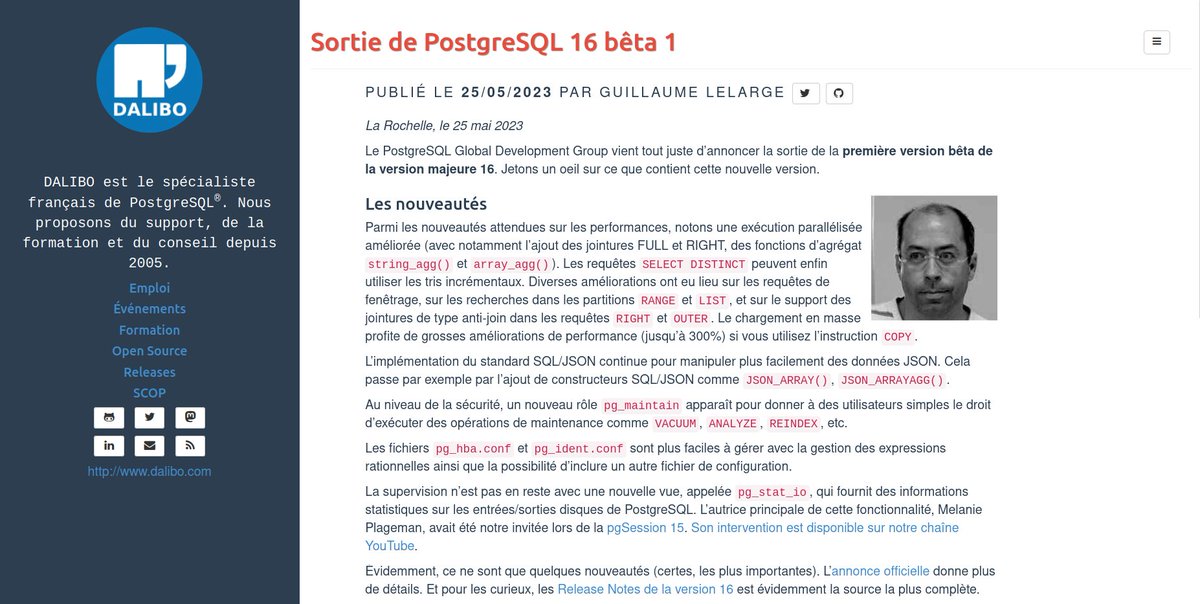 dalibo's tweet photo. La communauté #PostgreSQL sort la version bêta de la prochaine mise à jour majeure ! Notre #dba senior Guillaume a souhaité vous en faire un rapide résumé de La Rochelle… pendant que ses collègues voguent au large du Fort Boyard 😎 => https://t.co/aDVuBKCudc
#opensource #SGBD https://t.co/MZY1pHybHy