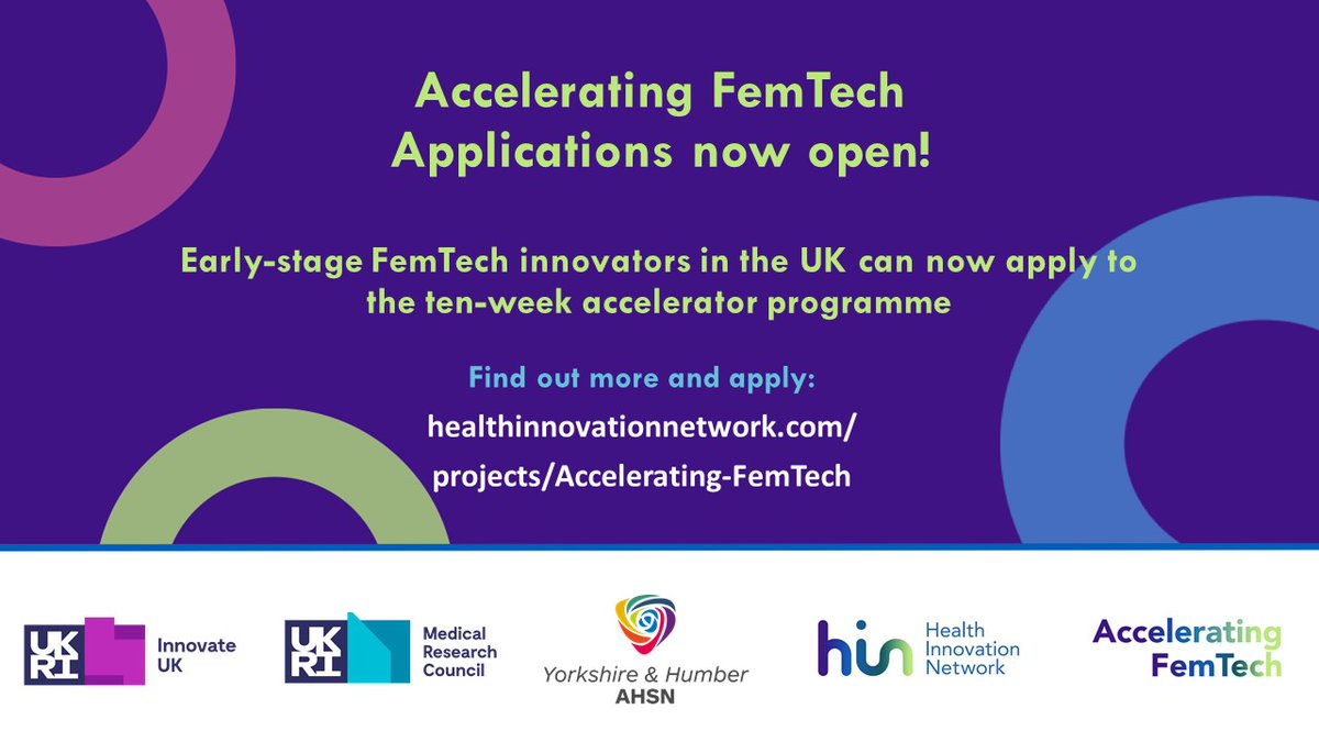 📢 CALLING FEMTECH INNOVATORS 📷  If you are tackling challenges in women’s health – from female-specific areas such as menopause, to conditions such as cardiovascular disease which affect women differently – apply to the #AcceleratingFemTech programme: yhahsn.org.uk/news/applicati…