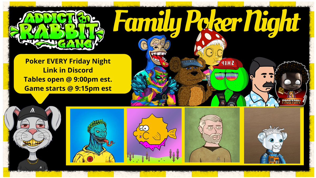 🔥ARG Friday Night Poker 19🔥
#Algorand. We do it every Friday night so don’t miss out! If you hold any of these your in!
<a href="/SketchyBearsNFT/">Sketchy Bears</a> 
<a href="/HigherApeCircle/">Higher Ape Circle</a> 
<a href="/NALGOS_NFT/">NALGOS.algo</a> 
<a href="/NFTButtHeads/">ButtHeads.algo</a> 
<a href="/AlgolemNFTs/">golem.basic</a> 
@FrostoryNFTs 
<a href="/AfterlifeRandos/">Afterlife Randos | MINT IS LIVE</a> 
This week featuring <a href="/SpawnlingsNFT/">𝕊𝕡𝕒𝕨𝕟𝕝𝕚𝕟𝕘𝕤.𝕒𝕝𝕘𝕠😈</a> community!