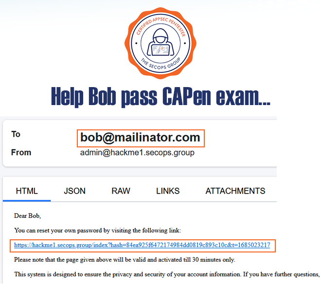 Hi, It's Bob again👋.
Help me pass the Certified AppSec Pentester (CAPen) exam 🎓.
***Comment👇 & retweet this, 5 lucky winners get a free CAPen exam***

Can you identify a flaw in the reset password functionality?

Learn more about the exam here:
secops.group/certifications…
#CAPen