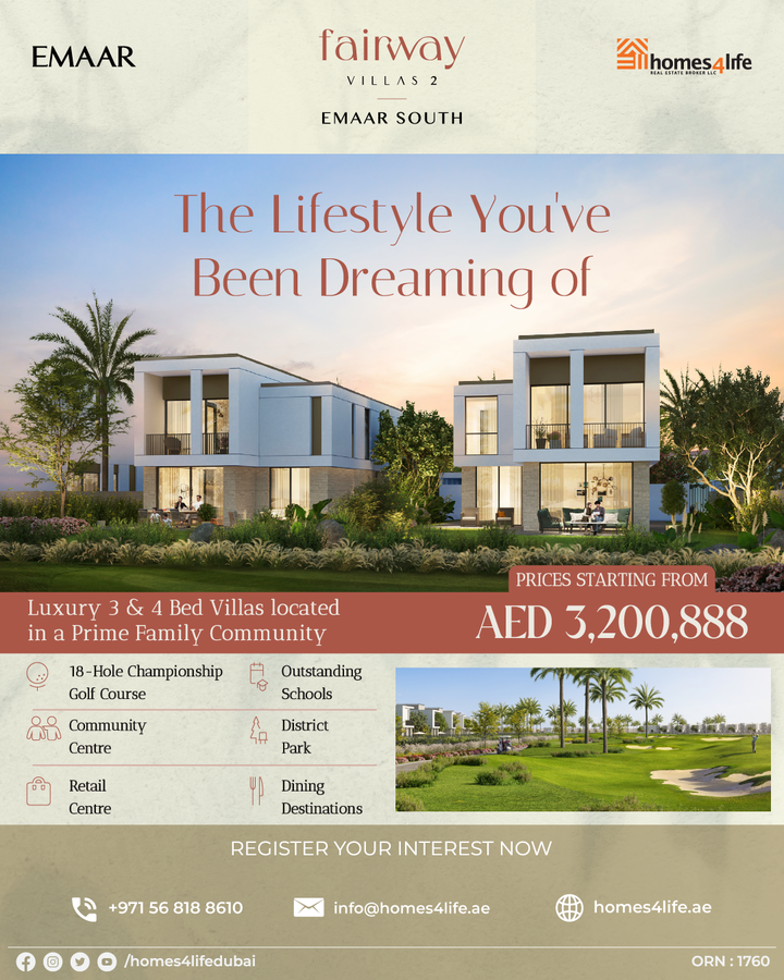 Fairway Villas 2 is a collection of luxurious villas located in a family-friendly community surrounded by nature. The villas offer stunning views of a golf course and a linear park. They feature three and four bedrooms and start at AED 3,200,888. The community provides access to