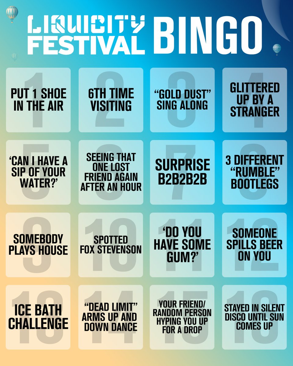 Who's got Liquicity Festival bingo? ✍️🤣 Drop below which ones you got already! Make sure to think about your own bingo chart for July & play with your friends 👀 More info & tickets: festival.liquicity.com
