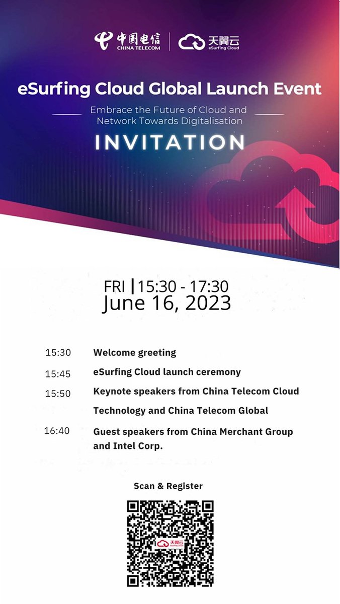 📣 We are delighted to invite you to attend #eSurfingCloud Global Launch Event in Hong Kong!

The event will invite industry leaders and #CloudComputingEcological partners from various sectors to gather in Hong Kong to witness the new milestone of #eSurfingCloud ☁