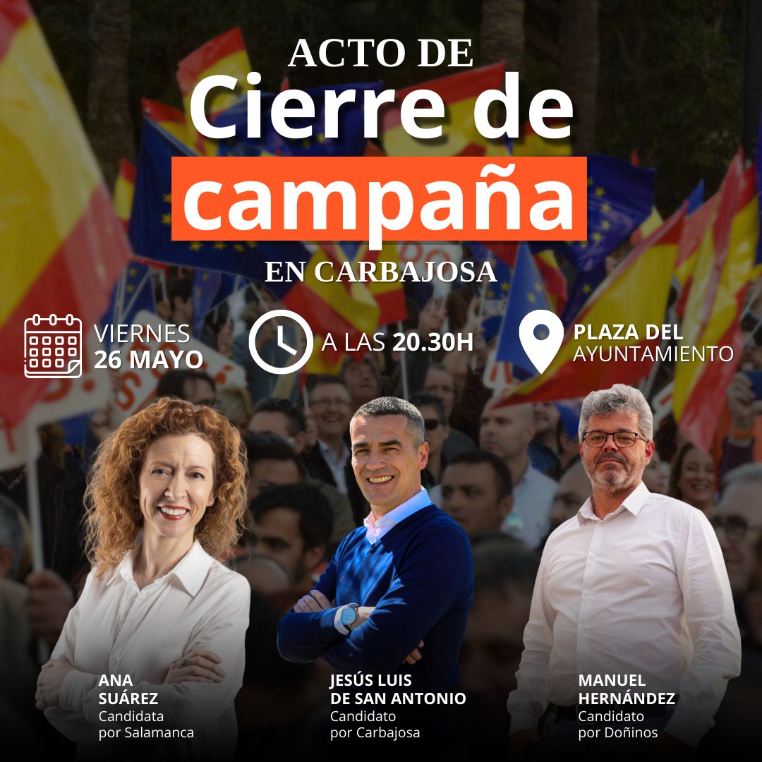 🗳️ ELECCIONES MUNICIPALES 2023

📙 AGENDA 26 DE MAYO 2023 

✨ ACTO: Mitin Fin de Campaña

📍DONDE: Plaza del Ayuntamiento, Carbajosa

🕛 HORA: 20:30h

📂 todos🧡

#elecciones2023 #politicaespañola #ciudadanos #ciudadanossalamanca #ciudadanoscarbajosa