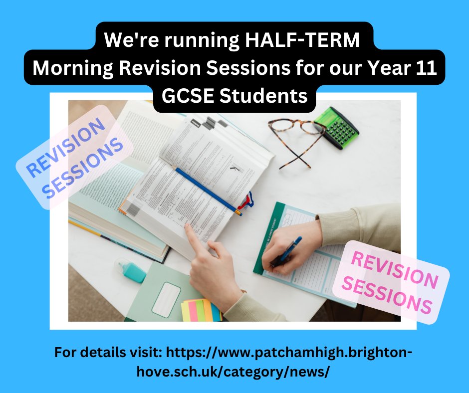 PatchamHigh's tweet photo. ﹡﹡NEWS FLASH﹡﹡ During half-term we will be running morning revision sessions for our GCSE students starting on Tuesday 30th May until Friday 2nd June. For details visit: https://t.co/Ot1g5bs72a
#revisionclasses #revisionsessions #gcse2023 #HalfTerm #GCSEs https://t.co/wazRdrFTvU