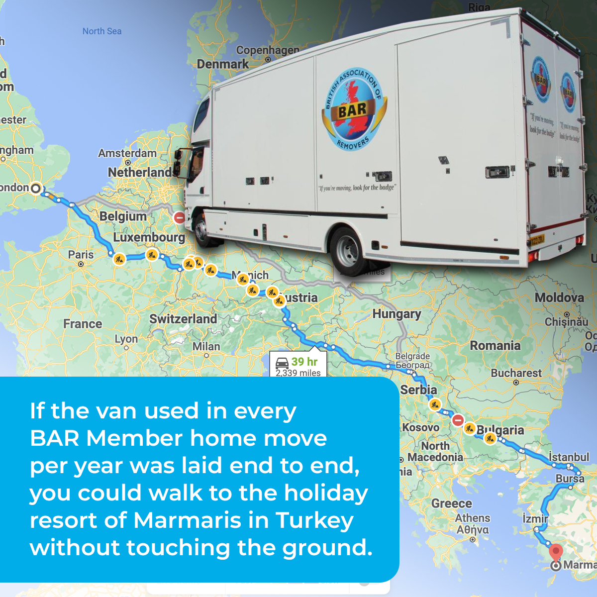 BARremovers's tweet photo. Members of the British Association of Removers carry out 400,000 home moves a year. A standard 7.5t lorry is 30ft long. All placed end to end they'd stretch the 2,300 miles to Marmaris. Just remember your sun cream!  Find a mover: https://t.co/5AYRmCGvpt #LookfortheBadge https://t.co/4a6EkyyYEb
