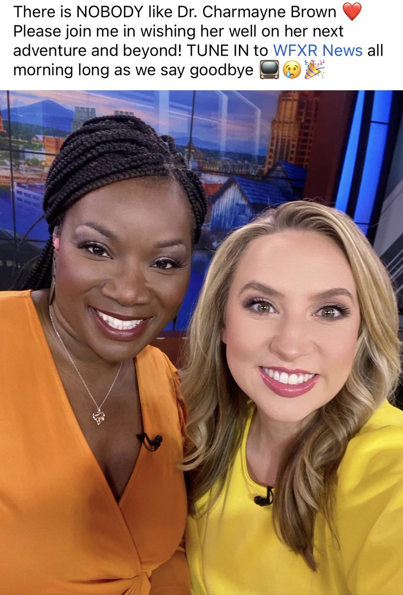 ☀️GOOD DAY, VA!☀️

It’s a bittersweet FRIYAY 🥺 because it’s  <a href="/Charmaynelive/">Charmayne</a>’s last day here at <a href="/WFXRnews/">WFXR News</a>. It’s really hard to put into words what she means to me, our newsroom, and the community. I’m so honored to have shared the anchor desk with her the last 2.5 years.
