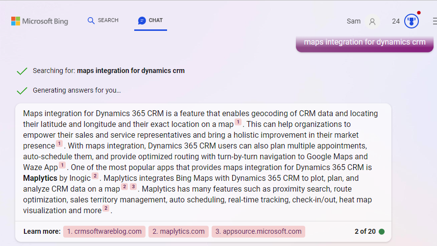 Bing Chat says it all.. 😊 

@maplytics @bing @bingmaps #Maps #MSDyn365 #CRM #AI #MSBuild #ArtificialIntelligence #chatgpt #chatgpt4 #locationintelligence