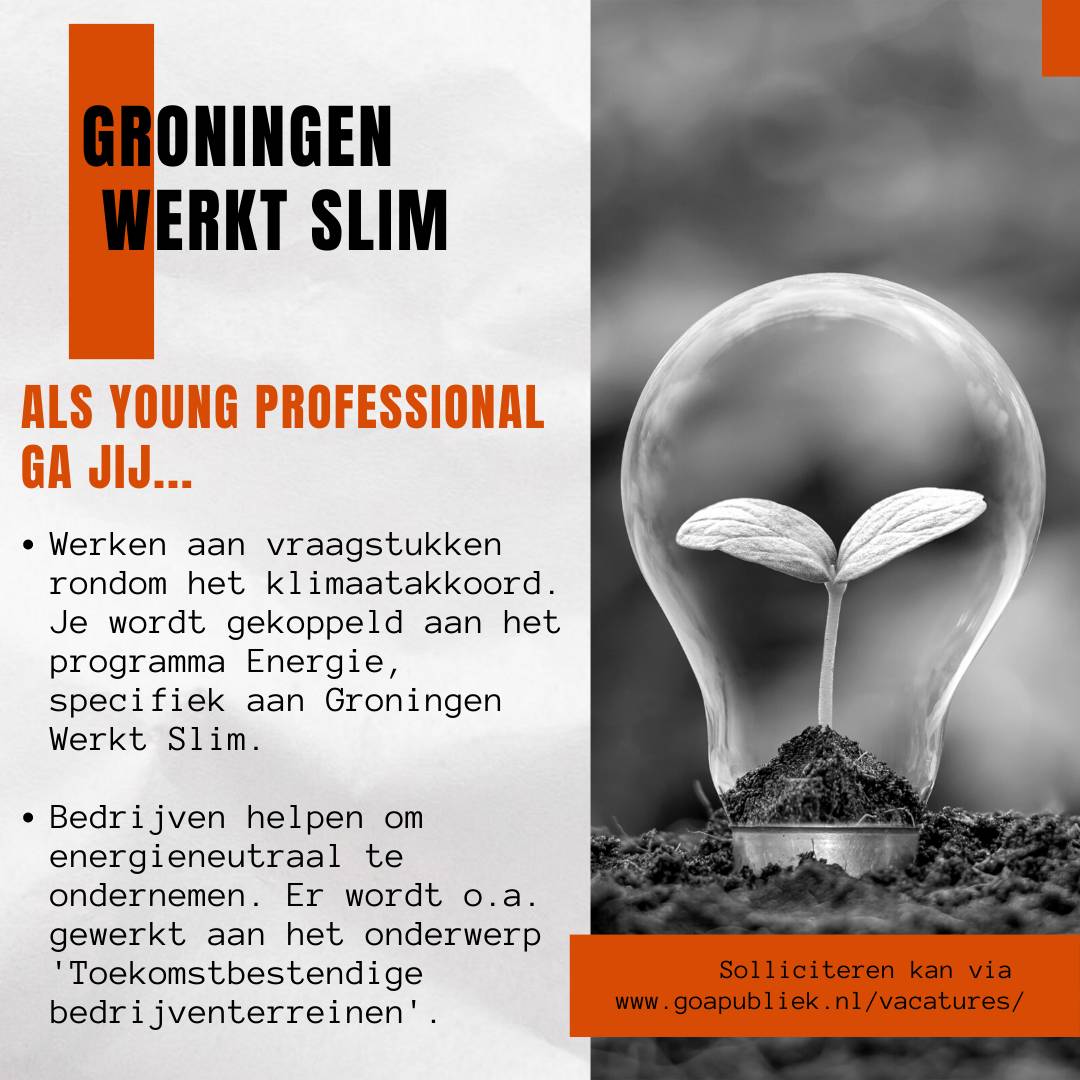Gemeente Groningen zoekt Young Professionals!

Een recent afgeronde HBO/WO opleiding in Vastgoed of Ruimtelijke Ordening is passend voor de opdracht, maar geen vereiste. Heb je interesse in energietransitie? Lees de volledige vacature op onze website!