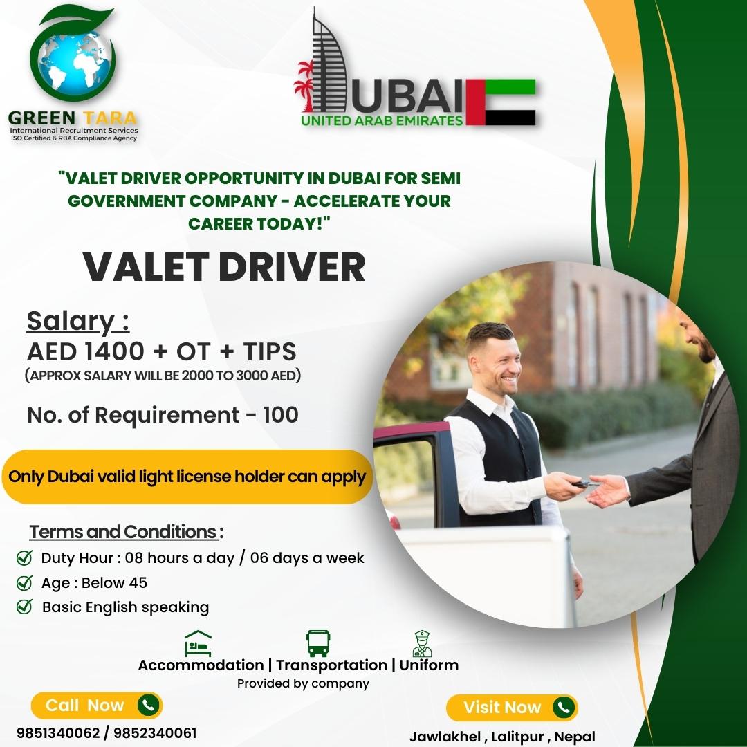 'Valet Driver Opportunity in Dubai for semi government company - Accelerate Your Career Today!' 📍 Jawlakhel , Lalitpur , Nepal 📱 9851340062 | 9851340061 #dubaijobs #jobsindubai #dubai #greentara #recruitmentagency #leadingrecruitment #overseas #valetdriver #dubailicense