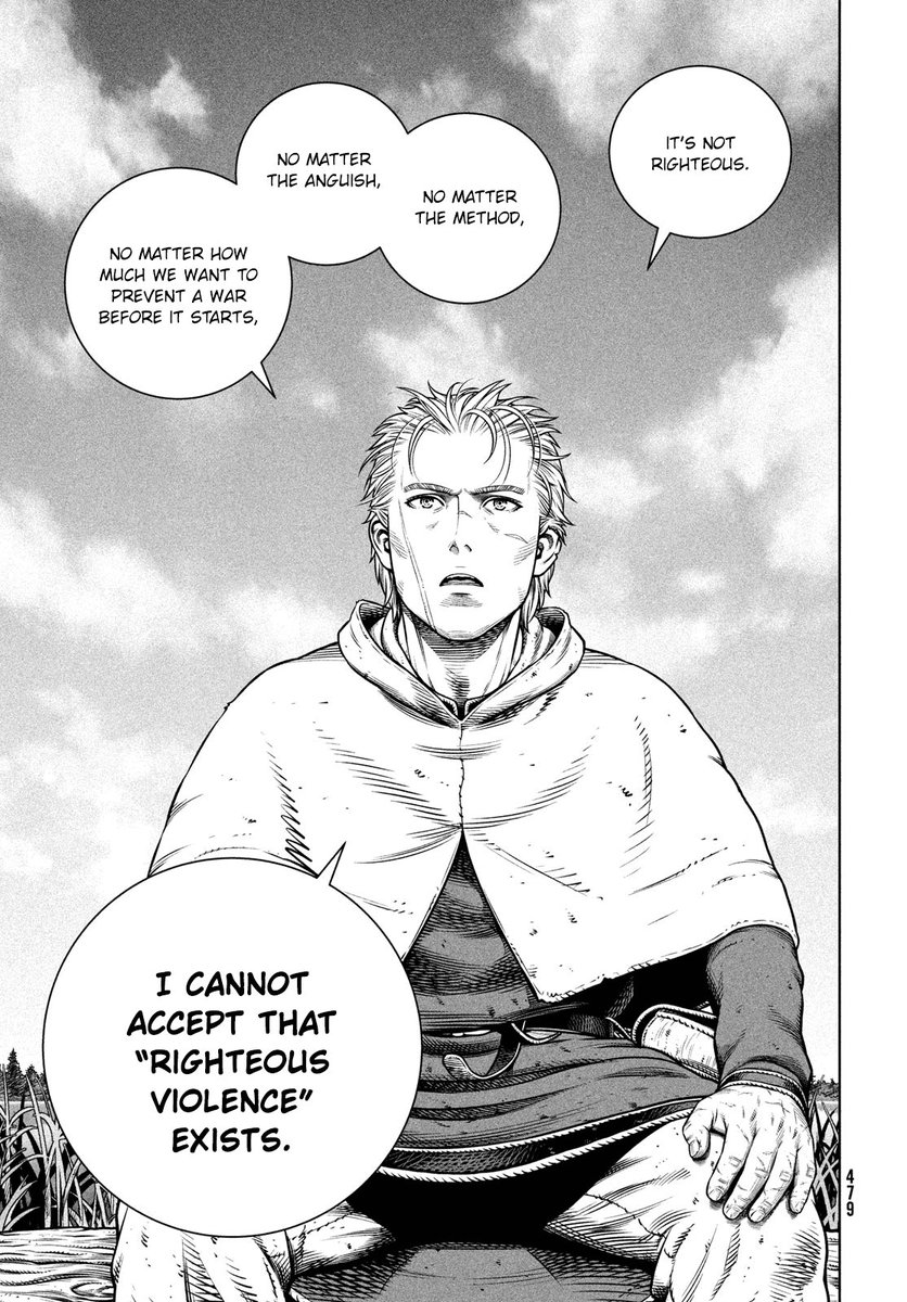 vinland saga 202  we know about thorfinn's steadfast stance to never resort to violence but to reiterate this in a situation where it feels so tempting to excuse violence remains an admirable trait of his. love thorfinn so much