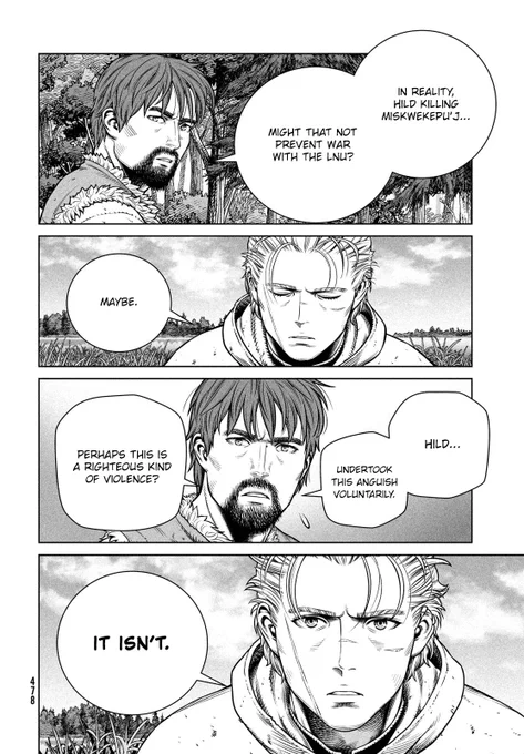vinland saga 202  we know about thorfinn's steadfast stance to never resort to violence but to reiterate this in a situation where it feels so tempting to excuse violence remains an admirable trait of his. love thorfinn so much