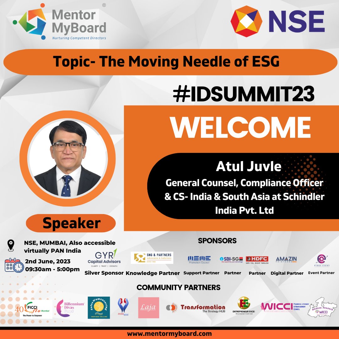 MentorMyBoard's tweet photo. Atul Juvle is an accomplished corporate expert with more than 35 years of experience in managing legal affairs and corporate governance across various businesses.
#IDSUMMIT23 #mentormyboard #boardroom #boardmembers #nse #boardstartegy #boardinovation #transformation #registernow https://t.co/4HCY6Ke1Q0