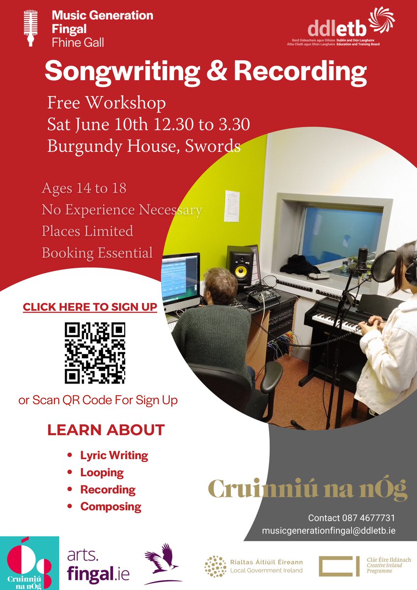Fingalcoco's tweet photo. Free music workshop for young people at Burgundy House Swords on Saturday 10th of June in celebration of Cruinniu na nOg 2023
To book scan QR code or email musicgenerationfingal@ddletb.ie
@fingalarts
@ddletb
@musicgenerationireland
#cruinniunanog #creativefingal
https://t.co/nyFMK0dLvG